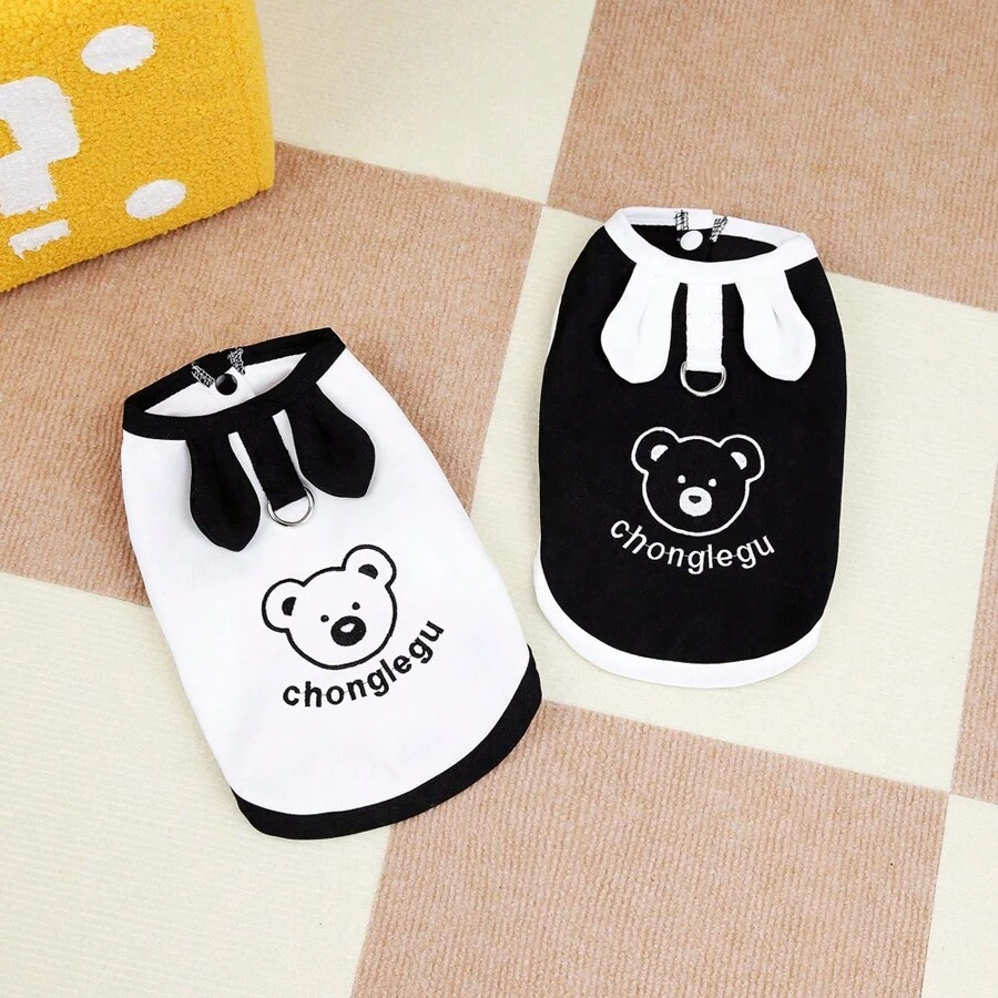 Chaleco vaquero para perros, camiseta con estampado de oso de moda y versátil, nuevo conjunto de primavera/verano con estilo princesa para perros pequeños, disfraz de transformación con orejas de conejo - Negro - Ver 1
