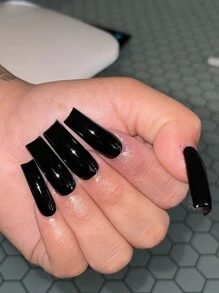 24pcs Pure Black False Nails, Long Style, Y2k Style Water Pipe Style+Jelly Glue+Nail File Press On Nails Nail Supplies - Black - View 2