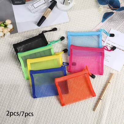 2PCS/7 Colors Each With 1 Large Capacity Mesh Organizer, Fashionable Travel Makeup Bag, Mini Zipper Mesh Bag, Mesh Bag Coin Purse, Women's Small Cosmetic Travel Bag(Style Random) School Supplies School Accessories Back To School University Students