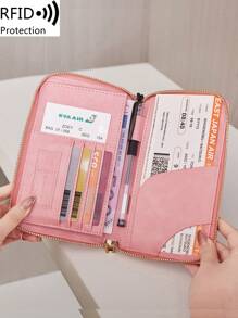 MIYIN RFID Blocking Passport Holder Card Wallet, With Card Slots And ID Window, Solid Color Letter And Airplane Pattern Portable Passport Case, Ticket Holder, Bank Card Wallet, Multi-Functional Zipper Phone Travel Passport Wallet, Unisex, With Wrist Strap, Suitable For Travel, Going Abroad, Business Trips, Green Passport Holder, Passport Box, Passport Bag, Travel Accessories, Back To School Supplies (Pink) - Pink - View 4
