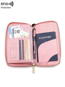 MIYIN RFID Blocking Passport Holder Card Wallet, With Card Slots And ID Window, Solid Color Letter And Airplane Pattern Portable Passport Case, Ticket Holder, Bank Card Wallet, Multi-Functional Zipper Phone Travel Passport Wallet, Unisex, With Wrist Strap, Suitable For Travel, Going Abroad, Business Trips, Green Passport Holder, Passport Box, Passport Bag, Travel Accessories, Back To School Supplies (Pink) - Pink - View 5