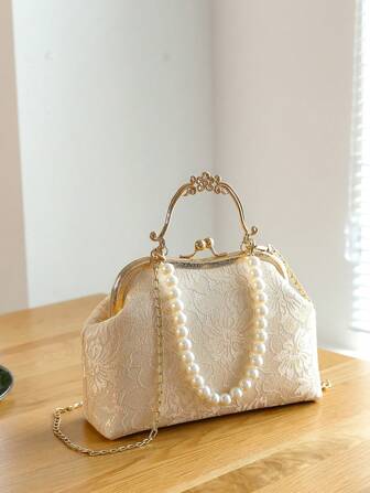 Simple & Fashionable Style Pearl Decor Hand Bag, Shoulder Bag, Crossbody Bag, Lace Material, Chinese Style Clutch, Elegant Night Out Bag For Women