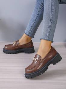 Women's Classic British Style Chunky Heel Slip-On Loafer Shoes With Thick Bottom For Spring & Autumn