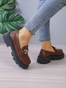 Women's Classic British Style Chunky Heel Slip-On Loafer Shoes With Thick Bottom For Spring & Autumn