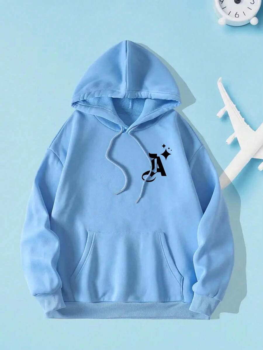 Sudadera con capucha para mujer estampada con monograma y bolsillo canguro con cordón de ajuste - Azul - Ver 1