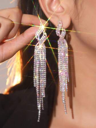 1pair Extra Sparkling Full Rhinestone Long Tassel Dangle Earrings For Women, Daily Wear