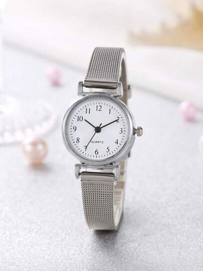 1 pieza Reloj de cuarzo analógico de malla plateada de moda simple para mujer, adecuado para uso diario y como regalo