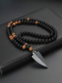 1入Vintage雞翅木黑色有珠石男士箭頭吊墜項鍊, 適合男士日常佩戴 - 黑色 - 查看 2