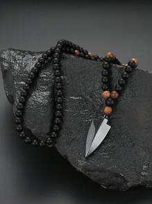 1入Vintage雞翅木黑色有珠石男士箭頭吊墜項鍊, 適合男士日常佩戴 - 黑色 - 查看 4