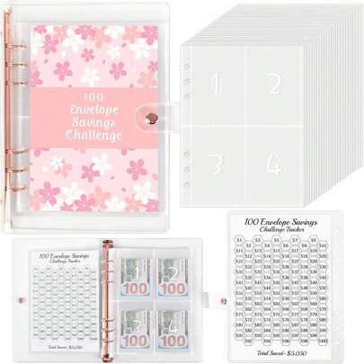 1pc 100 Money Saving Challenge Loose-Leaf Book (52sheets 104page), Cherry Blossom Pattern, For Personal Planning 100 Days Saving $5, 050, Gift For Friends Family, Daily Use Back To School