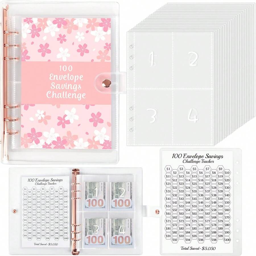 1pc 100 Money Saving Challenge Loose-Leaf Book (52sheets 104page), Cherry Blossom Pattern, For Personal Planning 100 Days Saving $5, 050, Gift For Friends Family, Daily Use Back To School School Supplies - Pink - View 1