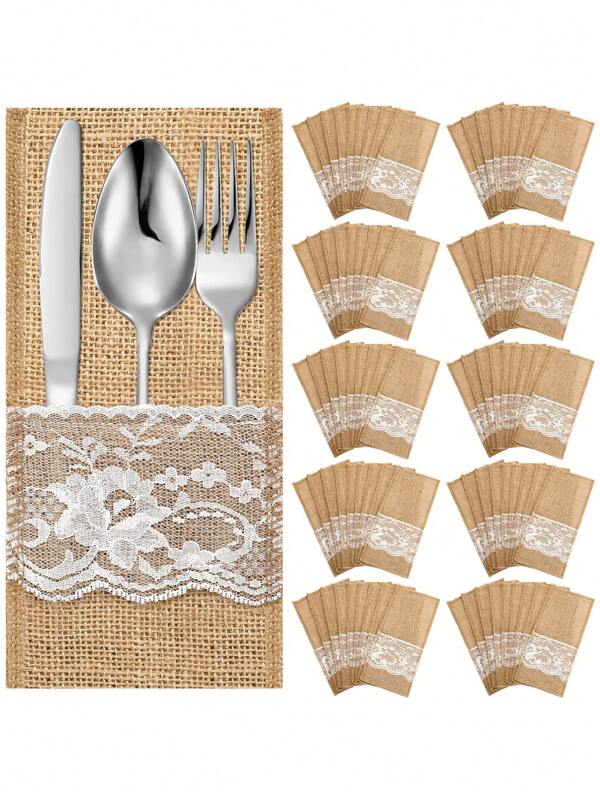10/20pcs-Burlap Lace Utensil Cutlery Holders Pouch, Silverware Holder Bags, Burlap Napkin Bag, For Wedding, Birthday, Family Gathering, Restaurant Decoration Gift, Flax Cutlery Bag, For Vintage Country Home Decor, Table Decoration, Halloween, Thanksgiving Day, Autumn Decorations