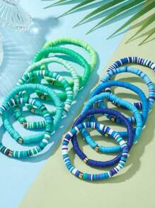 12Pcs 12 Color Polymer Clay Heishi Surfer Stretch Bracelets Set With Plastic Beaded, Stackable Preppy Bracelets, Mixed Color, Inner Diameter: 2-1/8 Inch(5.3cm), 1Pc/Color - Blue - View 1
