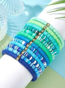 12Pcs 12 Color Polymer Clay Heishi Surfer Stretch Bracelets Set With Plastic Beaded, Stackable Preppy Bracelets, Mixed Color, Inner Diameter: 2-1/8 Inch(5.3cm), 1Pc/Color - Blue - View 2