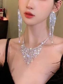 Galaxy Twinkling Chandelier Earrings, Rhinestone Tassel Pendant Necklace, Suitable For Parties, Birthdays, Weddings And Other Occasions