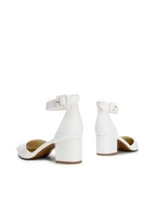 Women Pointed Toe Low Chunky Heels Pumps Ankle Strap Elegant Simple Shoes - 白色 - 查看 9
