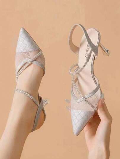 Women's Fashionable Rhinestone High-Heeled Sandals, Breathable Mesh Stiletto Heels, Pointed Toe Design, Unique Lady Shoes, Perfect For Summer Vacation