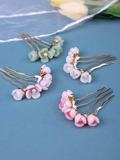 1 件手工镀金珍珠花发梳，适合女士传统汉服头饰波西米亚风