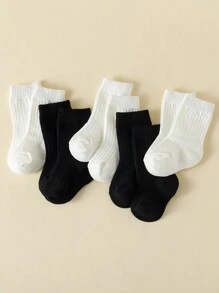 5pairs Baby Boys' Double Needle Plain Mid-Calf Socks - Black and White - View 4