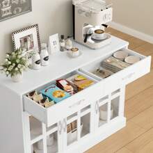 Furchen Credenza Cucina, Mobile Cucina Dispensa, Buffet Mobile, Credenza, Vetrina da Soggiorno, con 3 Ante in Vetro, 2 Cassetti, Ripiani Regolabili, Legno e Vetro, Bianco, 120x40x84 cm