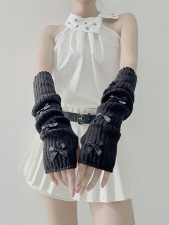 1 Pair Fashionable Y2k Ballet Flats Style Bowknot Arm Warmers Fingerless Gloves Available In Gothic & Punk Knitted Gloves Suit For Cosplay/Party/Date/Music Festival, Spring/Summer CuteCold Gloves Y2k Valentine's Day Valentines
