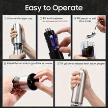 1 Pieza Molinillo Eléctrico De Sal Y Pimienta, Molinillos De Acero Inoxidable Ajustables De Operación Con Una Sola Mano, Molinillo Eléctrico De Pimienta Automático, Molinillo De Pimienta Ajustable Electrónico Para Herramientas De Cocina (baterías No Incluidas) - Plateado - Ver 7