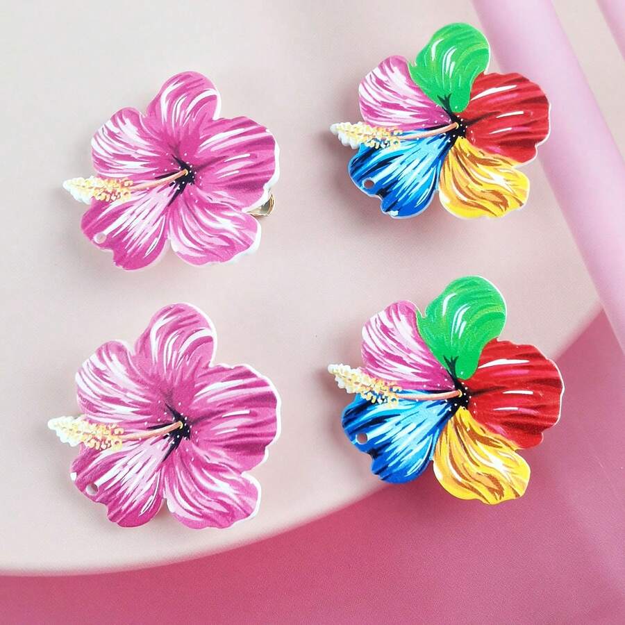 4入組女士亞克力多色花卉&塗鴉設計髮夾，夏季日常穿搭和波希米亞髮型必備 - 彩色 - 查看 1