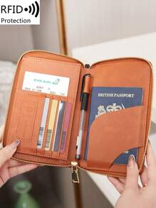 MIYIN Ví đựng hộ chiếu chống RFID, có khe đựng thẻ và cửa sổ đựng thẻ ID, chất liệu da PU màu trơn với họa tiết chữ cái và máy bay, ví đựng hộ chiếu di động, ví đựng tài liệu, ví đựng thẻ tín dụng, ví đựng điện thoại đa chức năng có khóa kéo, ví du lịch kiêm ví đựng hộ chiếu, unisex, có dây đeo cổ tay, thích hợp cho du lịch, nước ngoài, công tác, màu xanh lá cây, ví đựng hộ chiếu, túi đựng hộ chiếu, phụ kiện du lịch, chuẩn bị cho năm học mới (màu nâu) - màu nâu - Xem 5