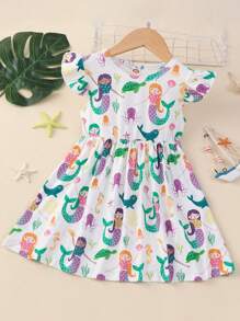 Young Girl Cartoon Mermaid Print Ruffle Armhole Dress - White - View 1
