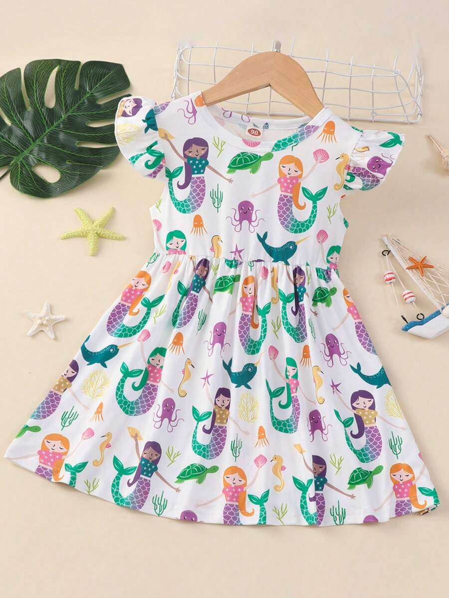 Young Girl Cartoon Mermaid Print Ruffle Armhole Dress - White - View 1
