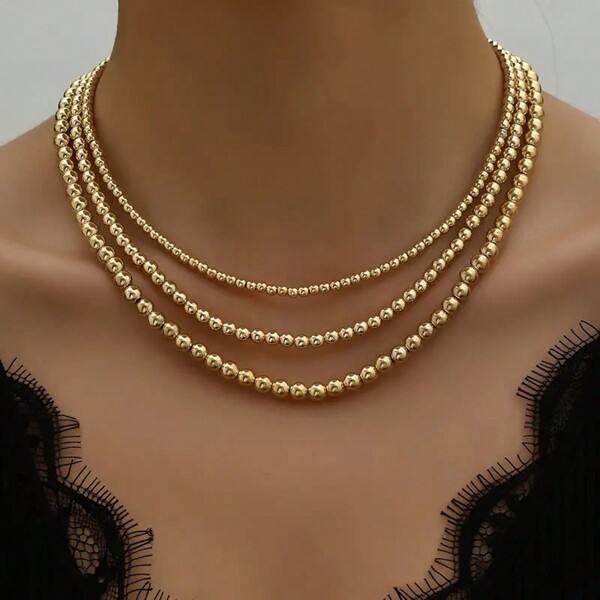 3pcs/Set Fashionable Simple Style Multi-Layered Gold-Toned Shiny Beaded Necklace, Great Gift For Women Suitable For Various Occasions