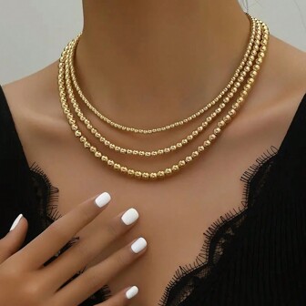 3入組時尚簡約風格多層金色閃亮珠子項鍊,給女性的絕佳禮物,適用於各種場合