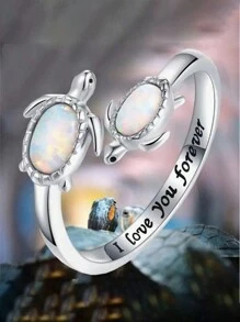 1枚母子海龜戒指,可調節大小的海龜戒指 - 銀色 - 查看 2