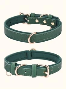 1pc Vintage Leather Dog Collar, Breathable Pet Collar Of Same Color - Green - View 1