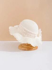 1pc Baby Sun Hat With Bowknot For Girls, Summer Beach Straw Hat With Sun Ion - White - View 2
