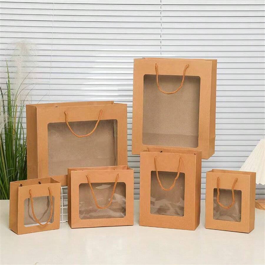 5 Piezas Bolsas De Regalo De Papel Kraft Con Ventana Para Artículos En Stock - Marrón - Ver 1