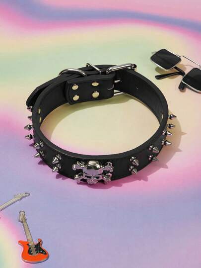 1pc Music Festival - Pet PU Leather Skull Stud Collar (For Large Dogs), Suitable For Dogs (Random Inverted Skull)