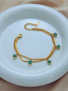 具有奢華感的獨特時尚復古金不銹鋼圓形吊墜綠松石手鍊 - 金黃色 - 查看 3