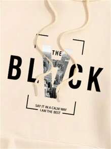 Hombres Capucha foto con con estampado de letra con forro térmico con bolsillo de canguro con cordón - Caqui - Ver 10