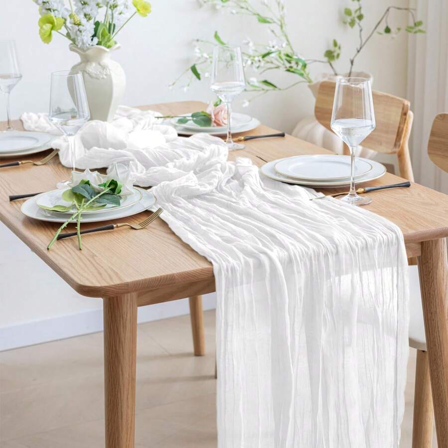 White Cheesecloth Table Runner 10ft Rustic Wrinkled Gauze Boho Table Runner 35x120 Inche For Wedding Birthday ,Easter Baby Shower Decor - White - View 1