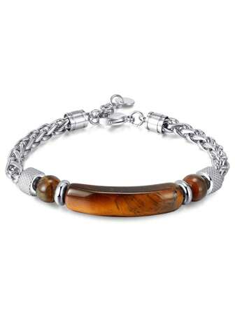 1pc Silver-Toned Fashionable Personalized Vintage Stainless Steel Chain Brown Tiger Eye Stone Beaded Men's Bracelet For Dating