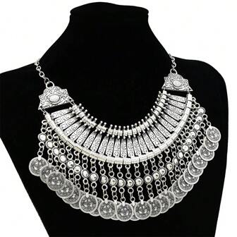 1pc European & American Vintage Multi-Layered Coin Decor Metal Carved Tassel Necklace, Fashionable & Exaggerated Short Necklace