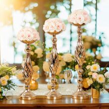 Table Decoration Prop For Festive Party And Wedding Banquet, Plated Golden Flower Vase With Simulation Flowers And Flower Stand