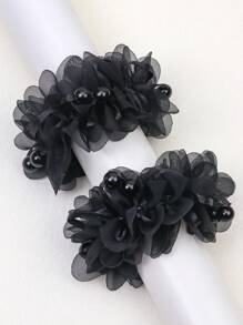 2pcs Girls' Lovely Black Fabric Hair Rope With Beads & Flower Headband, Suitable For Daily Life, Vacation Or - Black - View 2