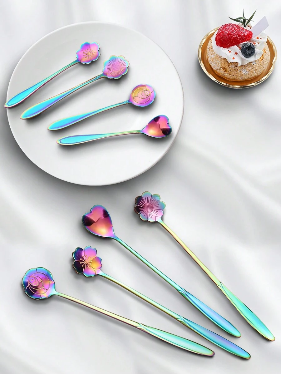 4 piezas Cucharas con diseño de flores, utensilios de cocina, regalo de Navidad, útiles escolares - Multicolor - Ver 1
