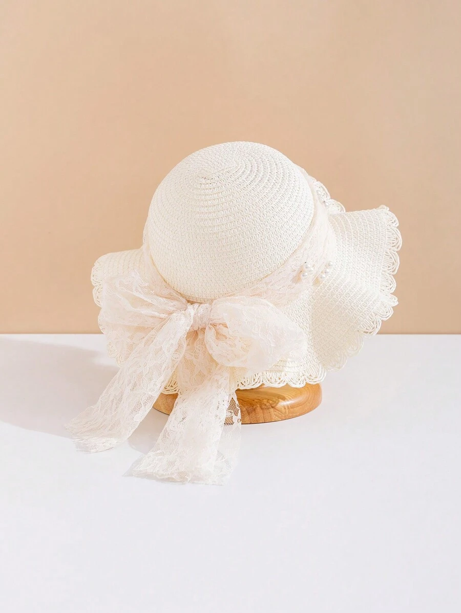 1pc Baby Sun Hat With Bowknot For Girls, Summer Beach Straw Hat With Sun Ion - White - View 1