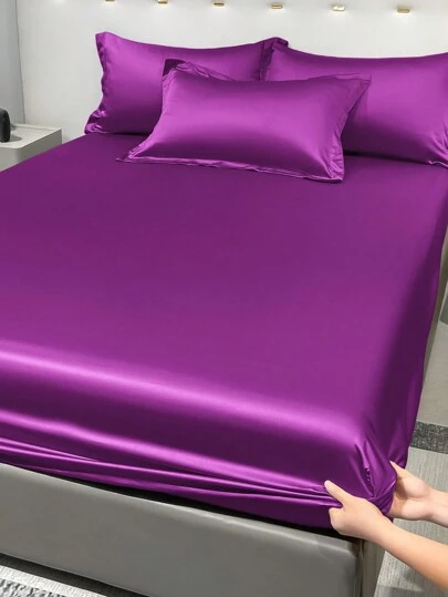 1pc Satin Solid Color Fitted Sheet, With Deep Purple Silk Bed Cover, Bedding Set