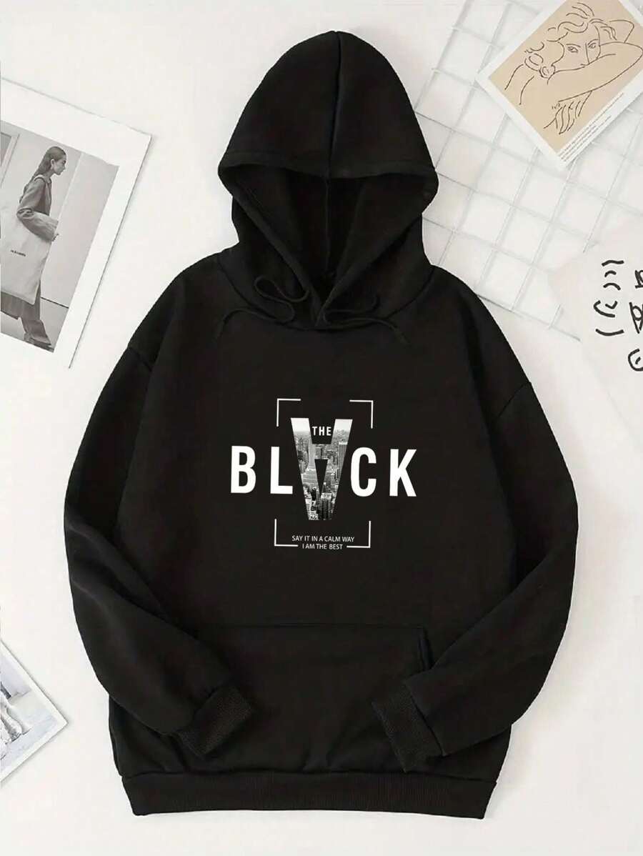 Hombres Capucha foto con con estampado de letra con forro térmico con bolsillo de canguro con cordón - Negro - Ver 1