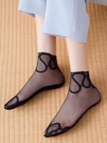 5pairs Women's Breathable Mesh & Lace Short Socks, Black, Spring/Summer - Black - View 7