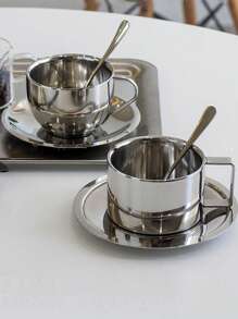 1set/2set Coffee Cup Saucer Set Retro Stainless Steel Coffee Cup Exquisite Posing Vlog Afternoon Tea Cup - 銀色 - 查看 2